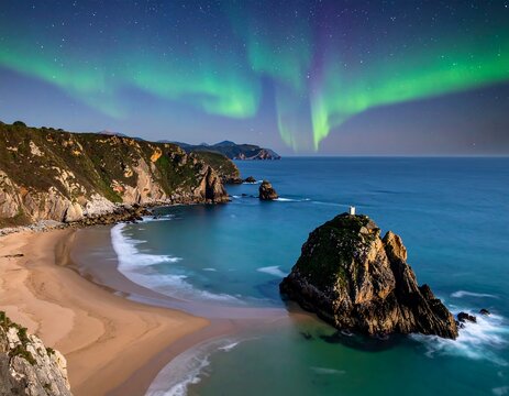 Coastal landscape with beach, rock formations, ocean, and vibrant aurora borealis