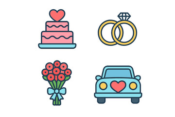 Wedding celebration symbols set featuring cake, engagement rings, floral bouquet, and decorated car