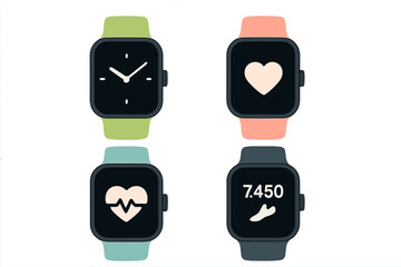 Four modern smartwatches with colorful bands displaying time, heart rate, and fitness activity tracking metrics