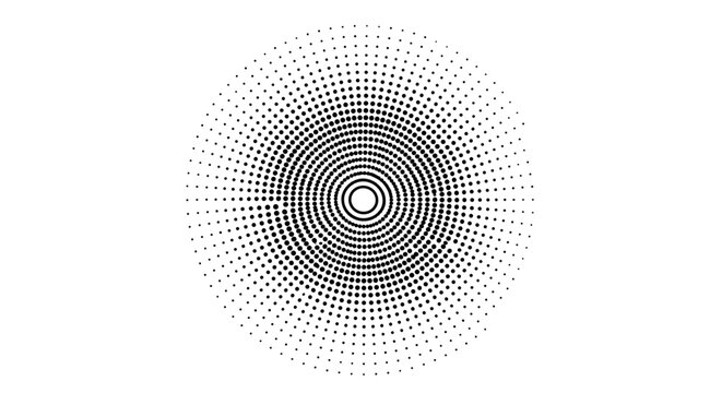 Abstract radial equalizer pattern featuring concentric circles of black dots, creating a sound wave or digital radar visualization. This dynamic graphic design is perfect for music visualization