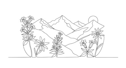 Continuous one-line drawing of a majestic mountain landscape with iconic Alpine flowers, including Edelweiss and gentians, set against a rising sun, symbolizing nature's beauty and resilience in a