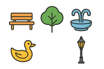 Colorful public park and outdoor space elements set featuring a bench, tree, fountain, duck, and lamppost