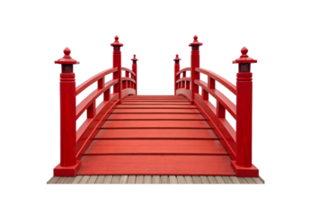 Traditional red Japanese arched bridge with decorative posts, railings, and ornamental lantern-style pillars on wooden deck, isolated on a transparent background