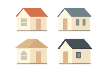 Four small residential buildings with diverse roof colors and window designs