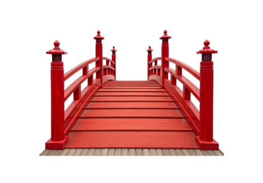 Traditional red Japanese arched bridge with decorative posts, railings, and ornamental lantern-style pillars on wooden deck, isolated on a transparent background