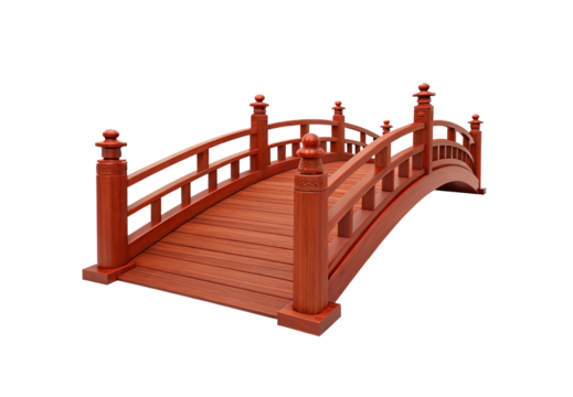 Red wooden arched bridge with ornate posts and railings, traditional Asian garden design style, isolated on a transparent background - Powered by Adobe