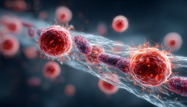 Red blood cells travel through a human artery, illustrating the dynamic environment of blood flow. The image shows immune cells responding to the presence of bacteria within the bloodstream - Powered by Adobe