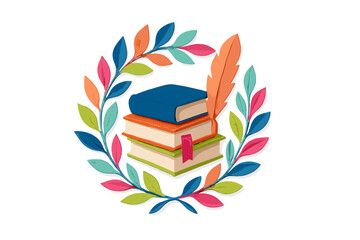 Obraz premium Colorful stack of textbooks, quill pen, and laurel wreath symbolizing education and literature