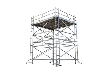 Fototapeta premium Metal scaffolding tower structure, industrial construction platform with safety railings and ladder access, isolated on a transparent background