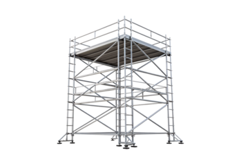 Metal scaffolding tower structure, industrial construction platform with safety railings and ladder access, isolated on a transparent background
