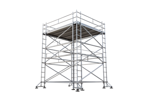 Metal scaffolding tower structure, industrial construction platform with safety railings and ladder access, isolated on a transparent background