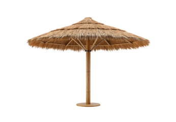 Thatched palapa umbrella, natural straw beach parasol with bamboo pole and circular base, isolated on a transparent background