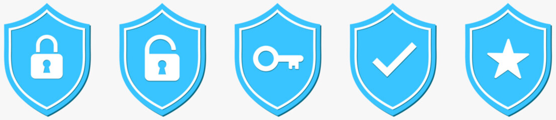 Set of blue shield icons featuring lock, key, check mark, and star symbols. Ideal for cybersecurity, privacy, safety, and protection design concepts. shield, security, protection, vector, illustration
