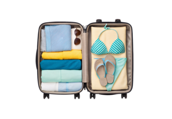 Open suitcase packed with beach vacation clothes, swimwear, sunglasses, and colorful folded summer garments, isolated on a transparent background