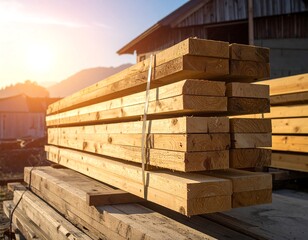 Stacked lumber bundles are sunlight bathed against a backdrop of a rustic building and mountain range, preparing for construction