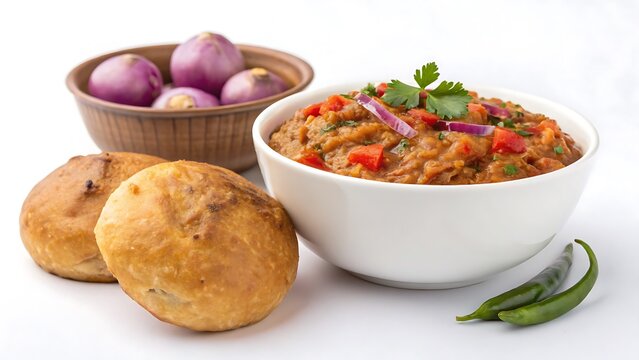 A vibrant indian dish featuring a rustic bowl of smoky eggplant bharta with red onions and bell peppers, served with two fluffy puri breads and green chilies, isolated on a white background