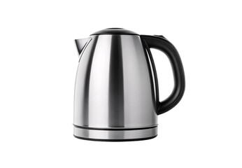 Modern stainless steel electric kettle with black handle and lid on white background, isolated on a transparent background
