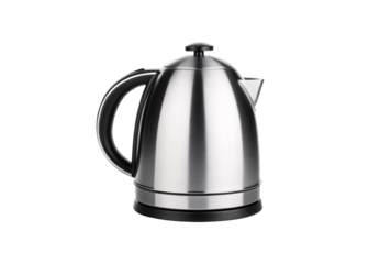 Stainless steel electric kettle with curved dome lid and black handle shown from side angle, isolated on a transparent background