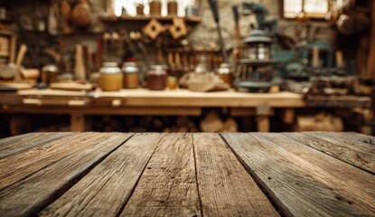 Rustic Wooden Table in Front of Vintage Workshop with Tools and Jars