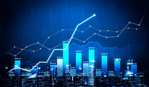 This stock image showcases a dynamic data visualization of business growth. Graphs and charts rise above an urban skyline, emphasizing progress in the digital economy. Scalp