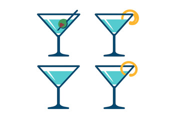 Stylized collection of martini cocktails in glasses with olive and lemon garnishes