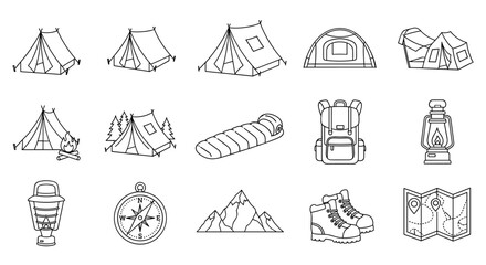 Vector line icon pack of camping and hiking essentials, featuring various tent designs, a sleeping bag, backpack, lantern, compass, mountain, hiking boots, and a map, perfect for graphic design, web