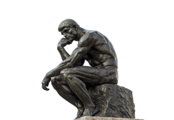 Bronze sculpture of seated contemplative figure with hand supporting chin in thinking pose outdoors, isolated on a transparent background