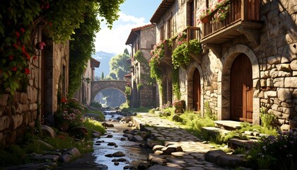 Fototapeta premium A serene village scene, featuring stone buildings flanking a stream flowing under a bridge, with lush greenery. Sunlight bathes the picturesque setting