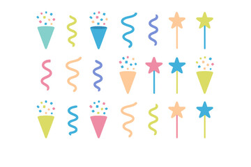 Vibrant collection of party celebration elements including confetti poppers streamers and star wands