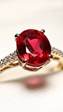 Gorgeous gold engagement ring showcasing a sizable oval shaped red ruby surrounded by dazzling diamonds. This exquisite piece of jewelry turns gracefully, showcasing its elaborate craftsmanship