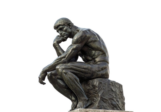 Bronze sculpture of seated contemplative figure with hand supporting chin in thinking pose outdoors, isolated on a transparent background