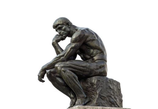 Bronze sculpture of seated contemplative figure with hand supporting chin in thinking pose outdoors, isolated on a transparent background
