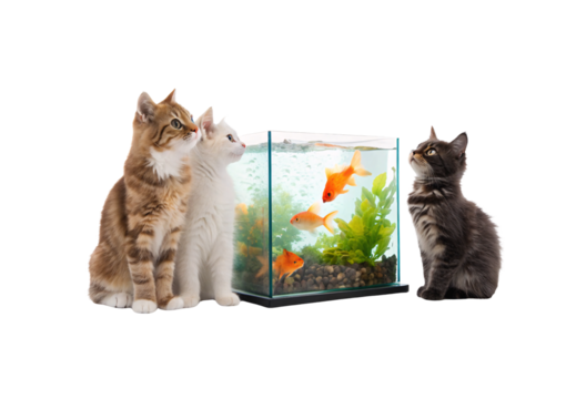 Three kittens sitting beside fish tank watching goldfish swim among plants and gravel substrate, isolated on a transparent background