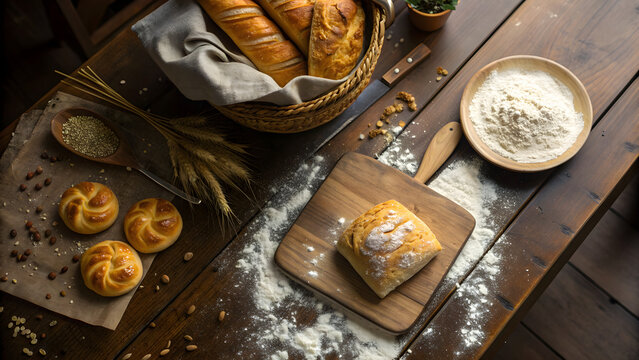 Freshly baked artisan bread ingredients on rustic wooden table.