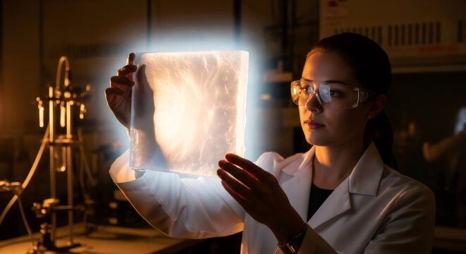 Woman bio engineer examines a glowing biopolymer sample in a research laboratory. Materials science, future of sustainable production and bioprinting concept.