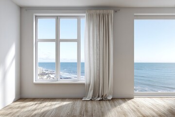 Obraz premium Bright interior space features large windows overlooking a coastal view with sunlit wooden flooring
