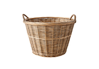 Obraz premium Round woven wicker storage basket with wrapped handles, natural tan color and open design