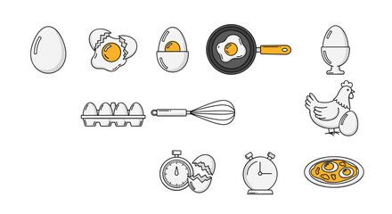 Collection of stylized vector cartoon illustrations related to eggs, featuring whole eggs, cracked eggs, fried eggs in a pan, eggs in a carton, a chicken with an egg, egg cups, a whisk, and timers