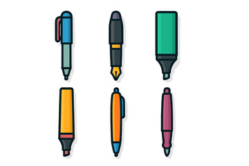 Assortment of colorful writing tools including fountain pens, ballpoint pens, and highlighters