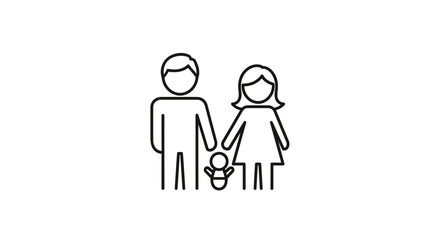 Obraz premium Simple linear illustration of a family icon, featuring parents holding hands with a baby between them, symbolizing unity and togetherness. This clean vector graphic is perfect for apps, websites, and