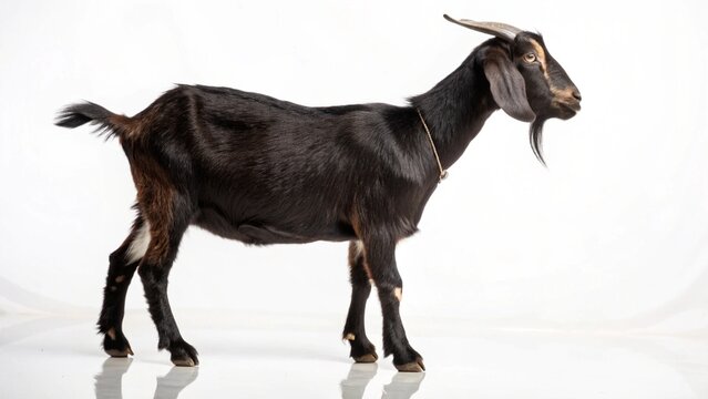 Photorealistic studio portrait of an elegant Nubian Goat (Anglo-Nubian) with distinctive long ears, isolated on white.