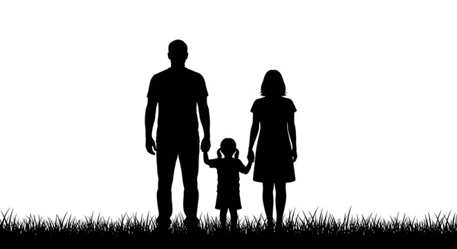 Silhouette of a happy family, parents holding hands with their child, standing on grass against a white background. Simple vector illustration representing family unity, love, and togetherness