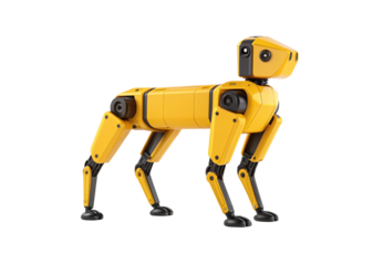 Yellow robotic quadruped dog with articulated legs, camera sensors and industrial mechanical design aesthetic