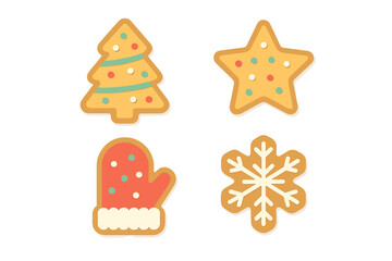 Assortment of festive holiday gingerbread cookies including a tree, star, mitten, and snowflake shapes