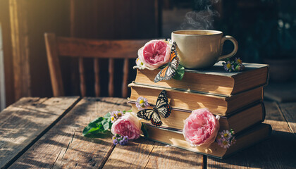 Cozy and tranquil morning scene with a steaming cup of coffee or tea, a stack of vintage books, pink roses, and butterflies on a rustic wooden table in the warm sunlight
