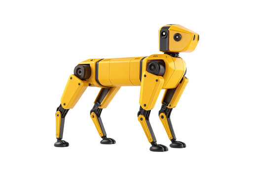 Yellow robotic quadruped dog with articulated legs, camera sensors and industrial mechanical design aesthetic