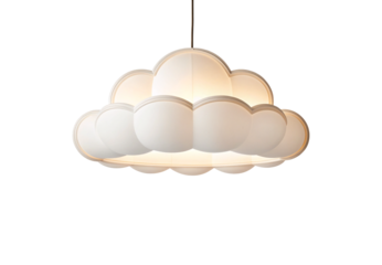 Cloud pendant lamp in cream white finish, sculptural floating form, ambient lighting, side profile view, isolated on a transparent background