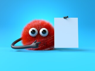 Fluffy, cute monster holds a blank sign, symbolizes information and advertising display. 3D rendering, conceptual image. Isolated on white background.