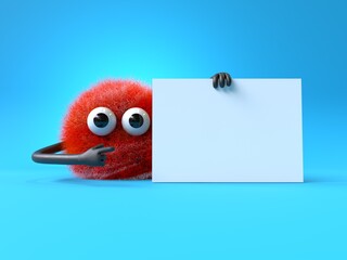 Fluffy, cute monster holds a blank sign, symbolizes information and advertising display. 3D rendering, conceptual image. Isolated on white background.