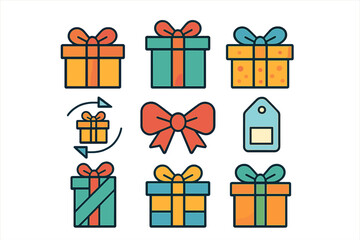 Vibrant set of gift box icons featuring ribbons, bows, and exchange symbols